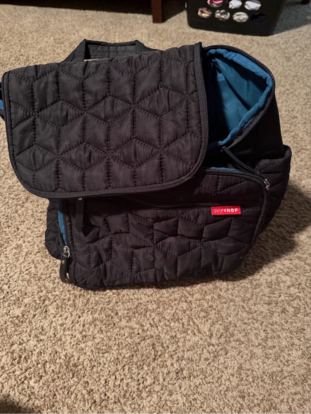 Skip Hop Quilted Black Diaper Bag Backpack - Black with Blue Lining